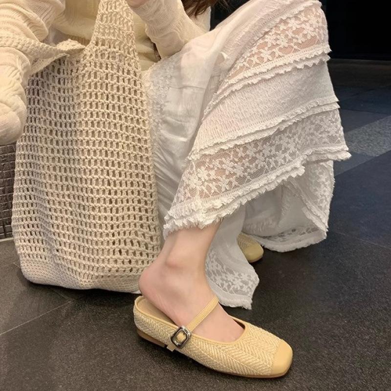 Shoes height increase 5cm holiday style straw woven square head sandals lazy half drag female summer