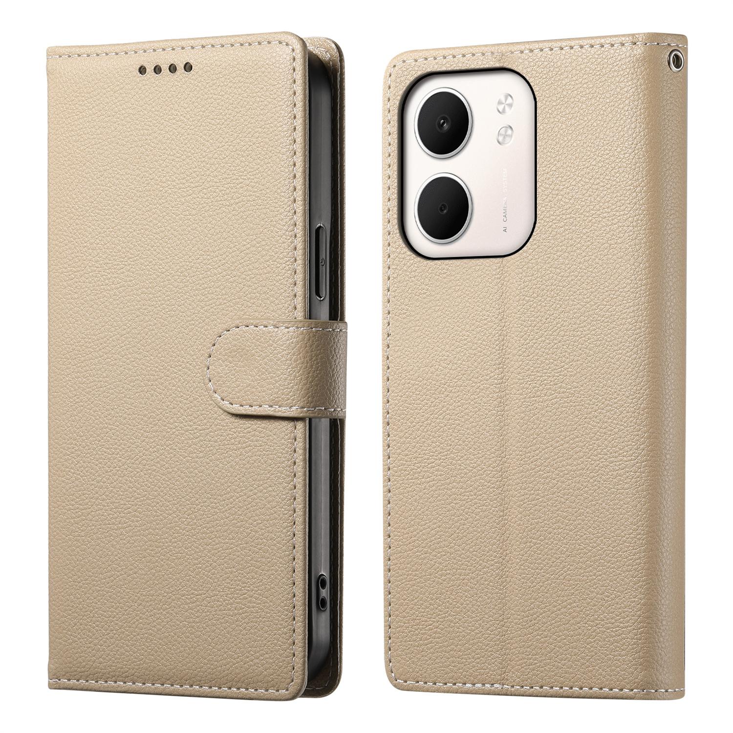 

For Oppo A5x 5G/4G Case Magnetic Snap Litchi Texture Leather Wallet Phone Cover with Wrist Strap Apricot