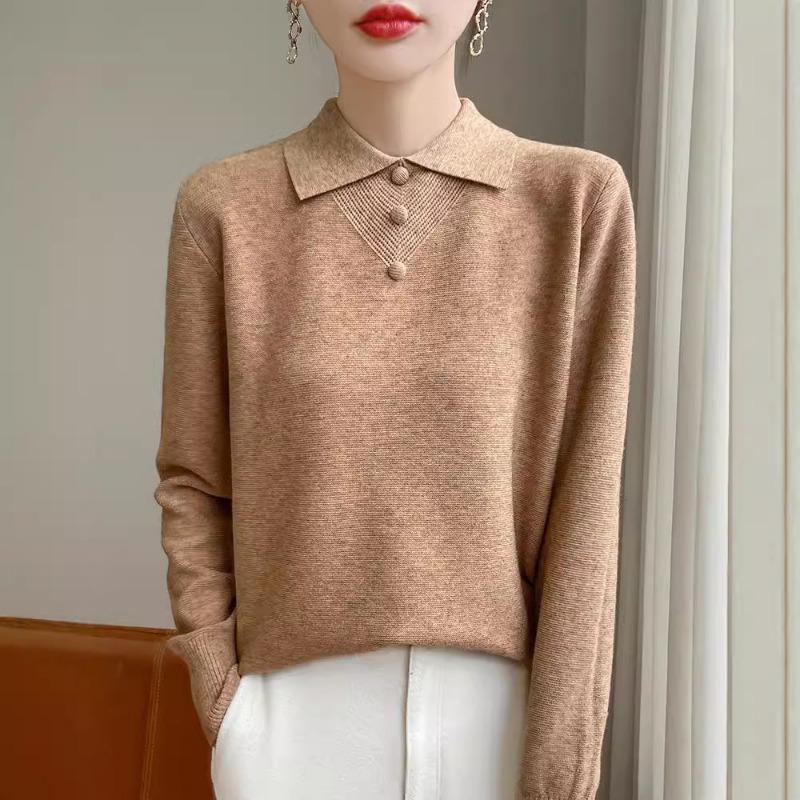 Age-reducing Lapel-neck Knitted Sweater Women's Long-sleeved Loose Early Autumn Bottoming Shirt Top Button-embellished PO Collar Inner Sweater
