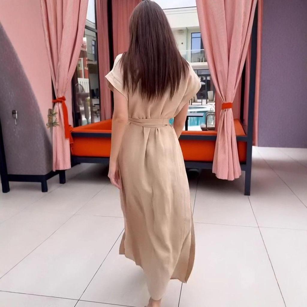 2025 Summer Women's Slimming Tie Waist Dress with Multi-button Design