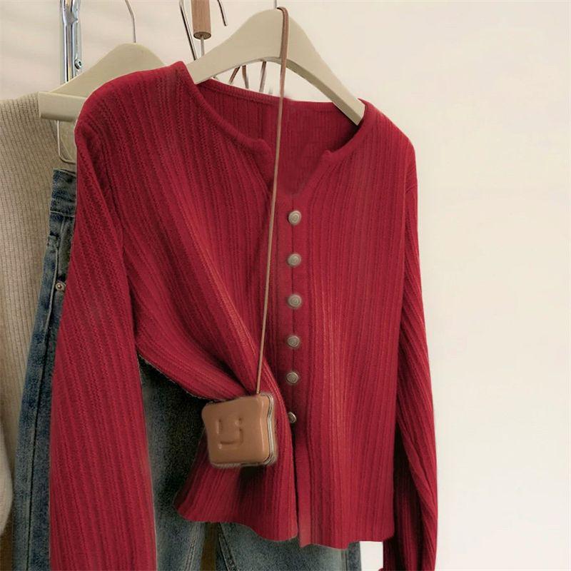 Korean Style Slimming Buttoned Sweater Undershirt for Women - Knitted, Long Sleeve, Versatile, Casual Slit Design