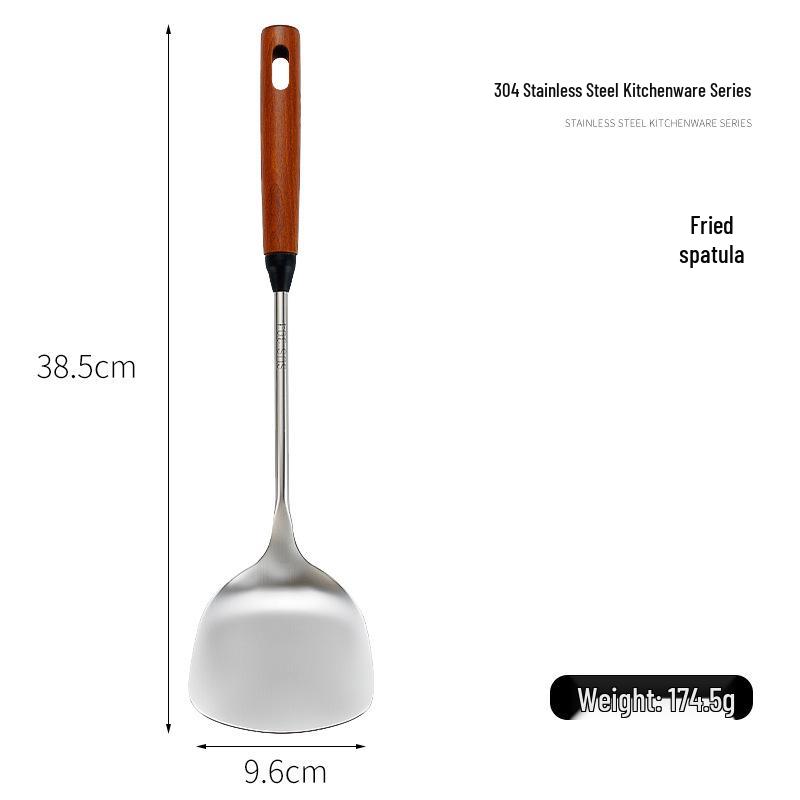 Thickened 304 Stainless Steel Cookware Set: Anti-Scald Handle Spatula, Soup Ladle, Slotted Spoon, and Frying Pan.