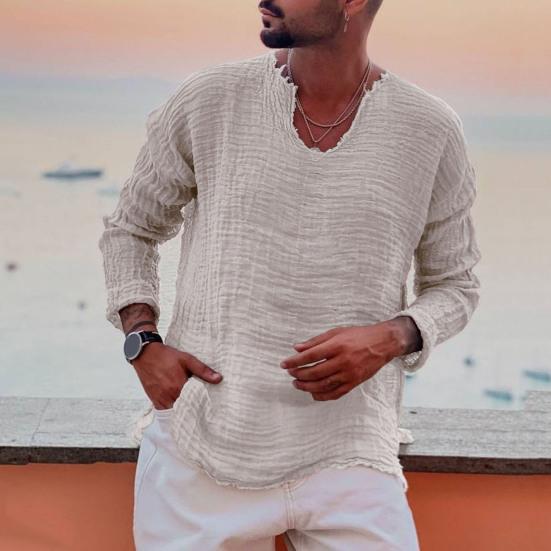 

Мужские льняные рубашки с длинным рукавом на пуговицах, повседневные летние свободные рубашки в домашнем стиле XS белый