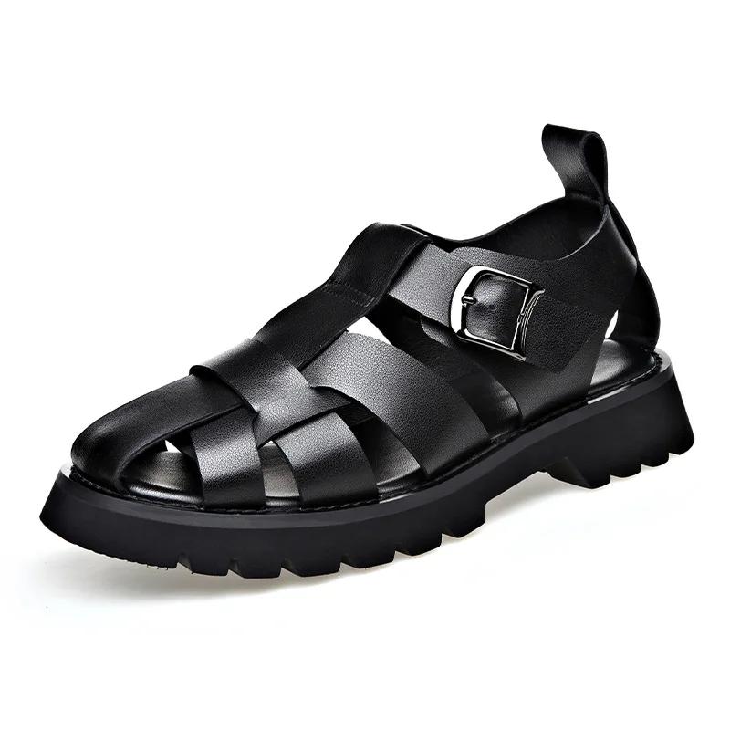 Fashion Big Size Cow Leather Roman Sandals for Men 2025 Summer Designer Hallow Out Platform Shoes Male Fashion Casual Black Sandals Man