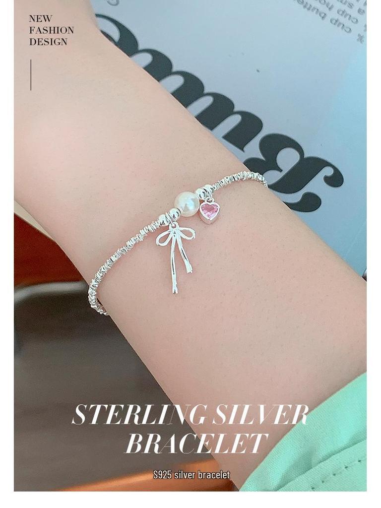 Banyan Tree S925 Silber Herz Schleife Perlenarmband - Süßer koreanischer Stil Schmuck.