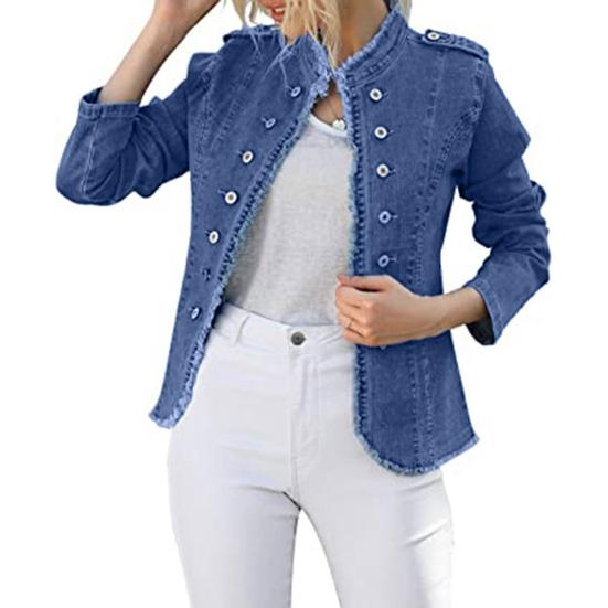 Giacca di Jeans da Donna Manica Lunga Orlo Sfilacciato Giacca di Jeans Elasticizzata Slim-Fit Abbottonata Cappotto di Jeans Corto