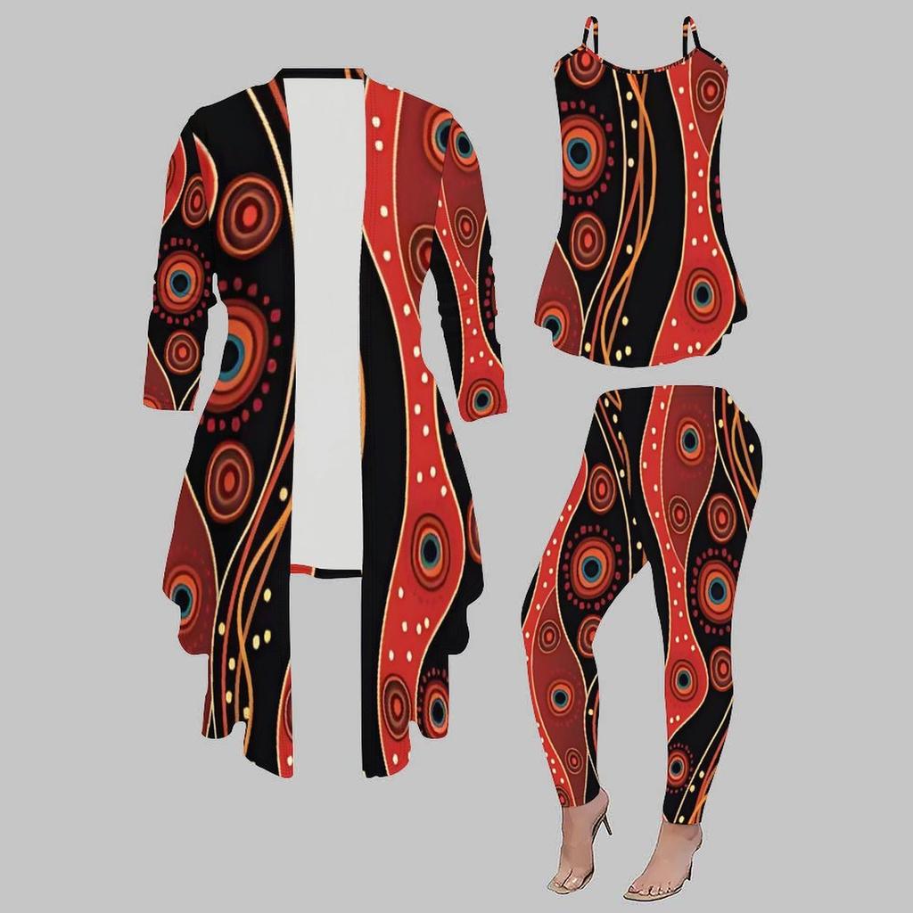 Plus Size Distressed Print 3 Piece Outfit, Long Sleeve Open Front Cardigan Cami Top Leggings Set for Women