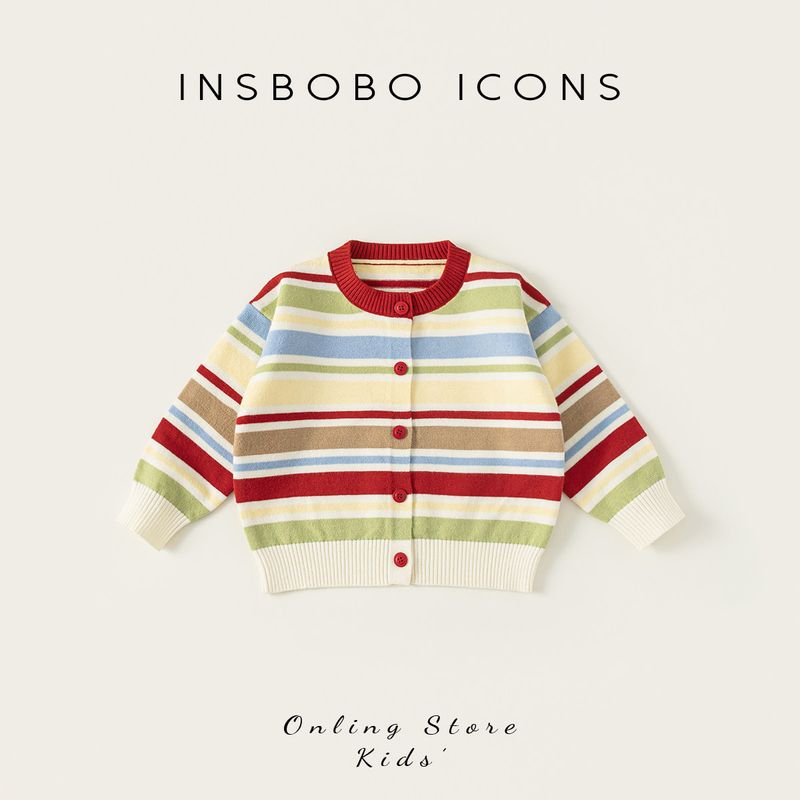 Insbobo Boys Sweater 2026 Spring New Style Girls Knitted Cardigan Baby Tops Kidsren s Stylish Clothes Color stripes 80