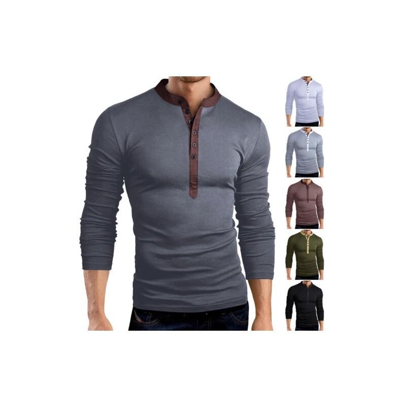 Premium Quality T-shirt Men Fashion Button Front Long Sleeve V-neck Solid Casual Slim Fit