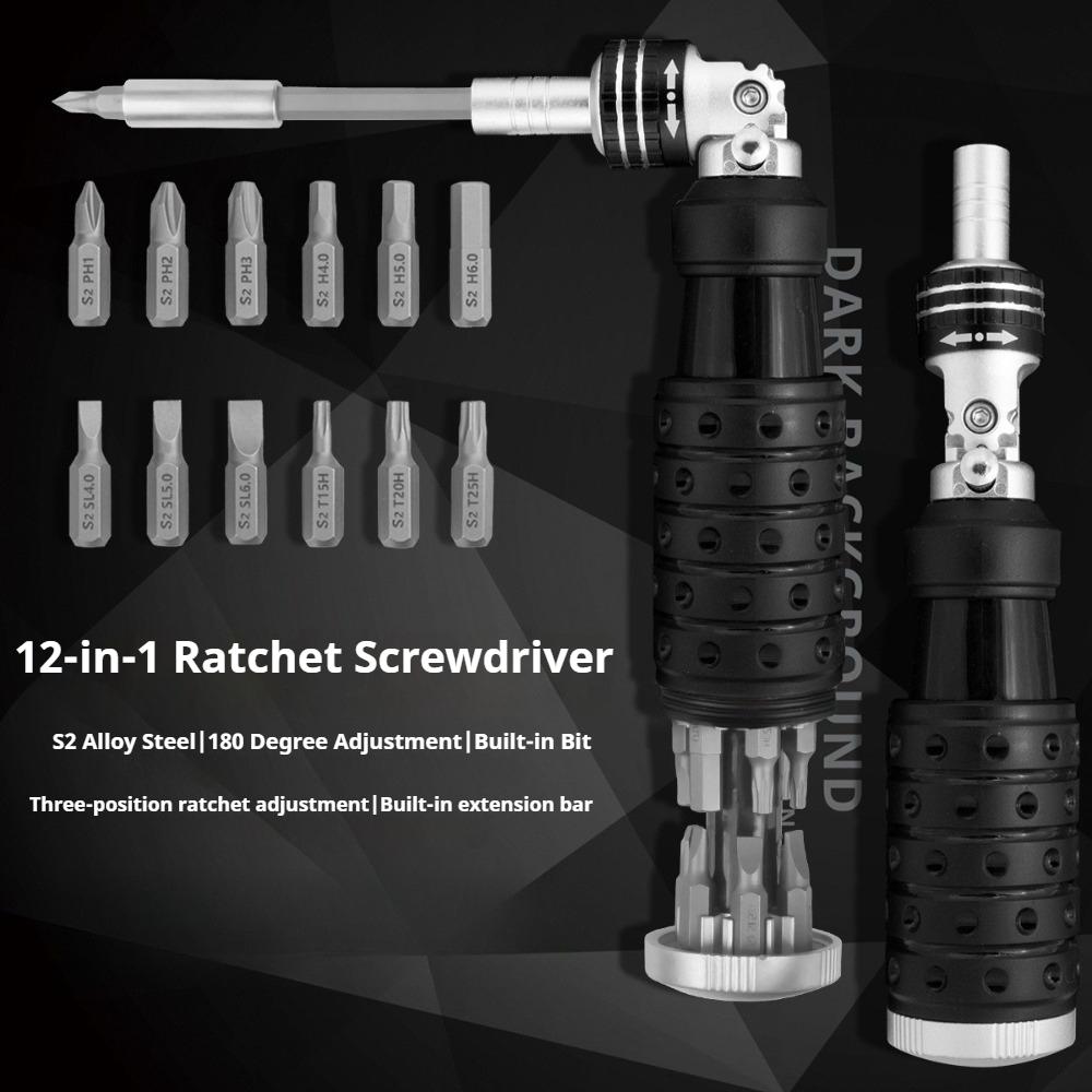 

12-in-1 Ratchet Screwdriver Set with Phillips, Slotted, Hex, and Star Bits - Multi-Function Combination Tool