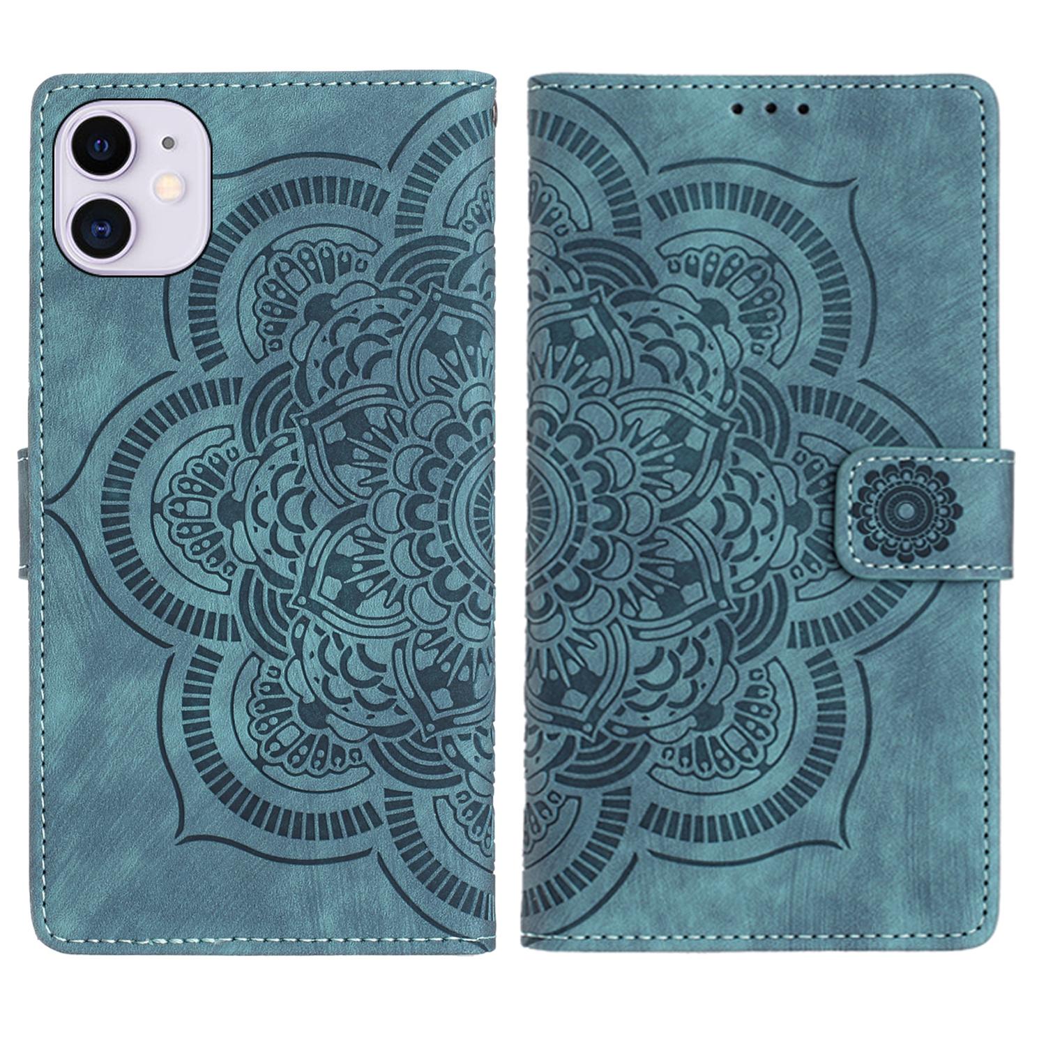 

For iPhone 12 6.1 inch Leather Case WANLONFENG HDM Series Mandala Imprint Wallet Stand Phone Cover Blue