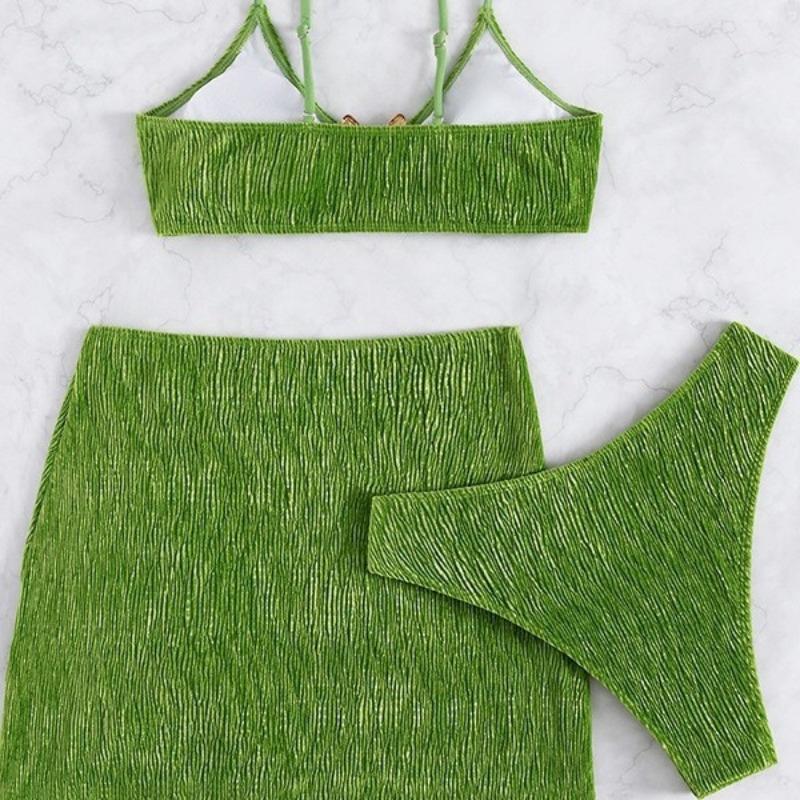 Women Sexy Solid Green Three Piece Split Bikini Swimsuit For Vacation Spa