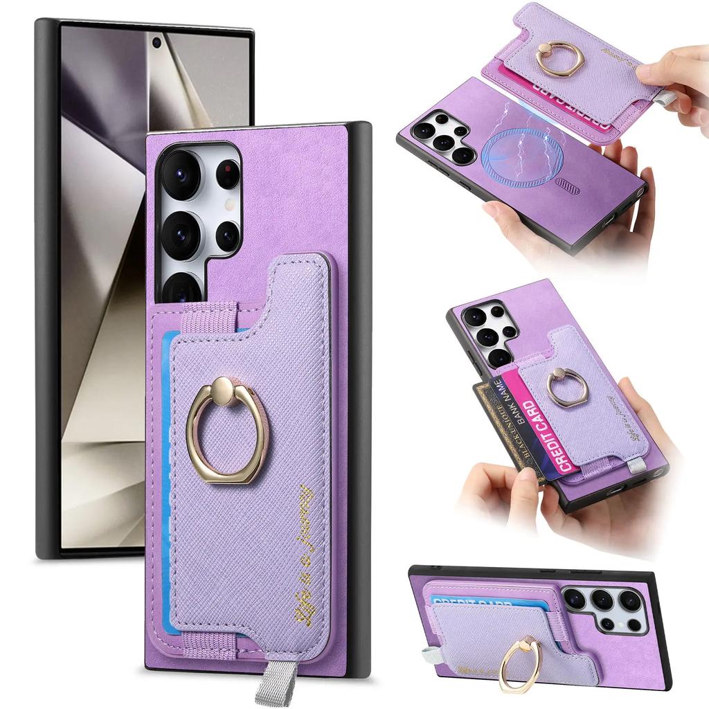 Carteira com Porta-Cartões Magnético 2 em 1 Capa de Couro com Suporte de Anel Destacável Para Samsung Galaxy S24 Ultra S23Plus A05 A55 A15 A25 Capa