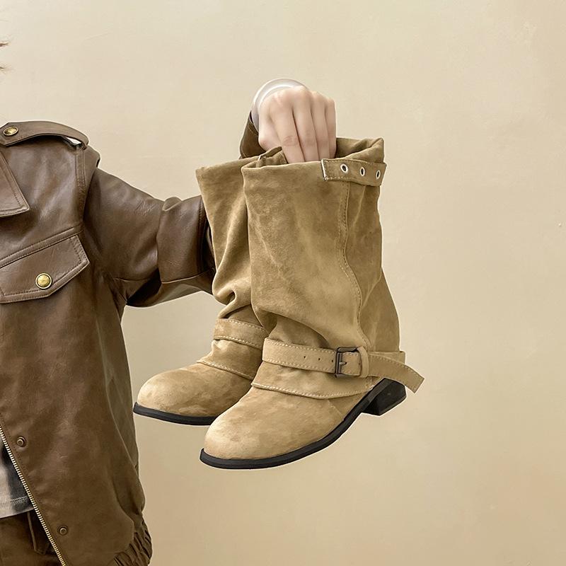 

Модные универсальные ретро ботинки-чулки с широким голенищем и складками женские 2025 осень-зима новые модные ботинки на толстом каблуке с пряжкой 40 хаки