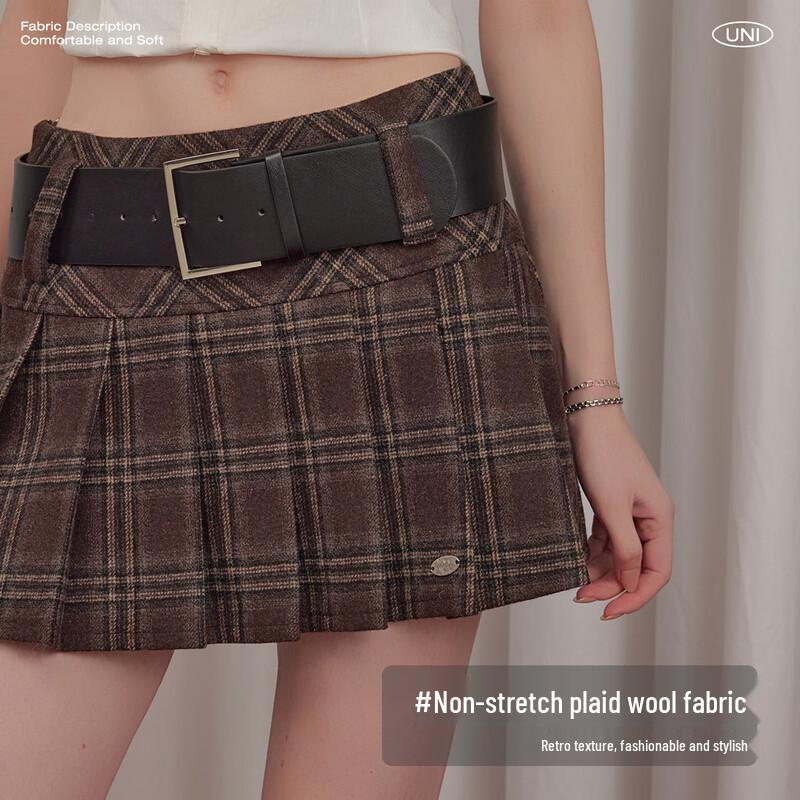 UNIFREE Women's Vintage Maillard Plaid Low-Waist Pleated Short Skirt