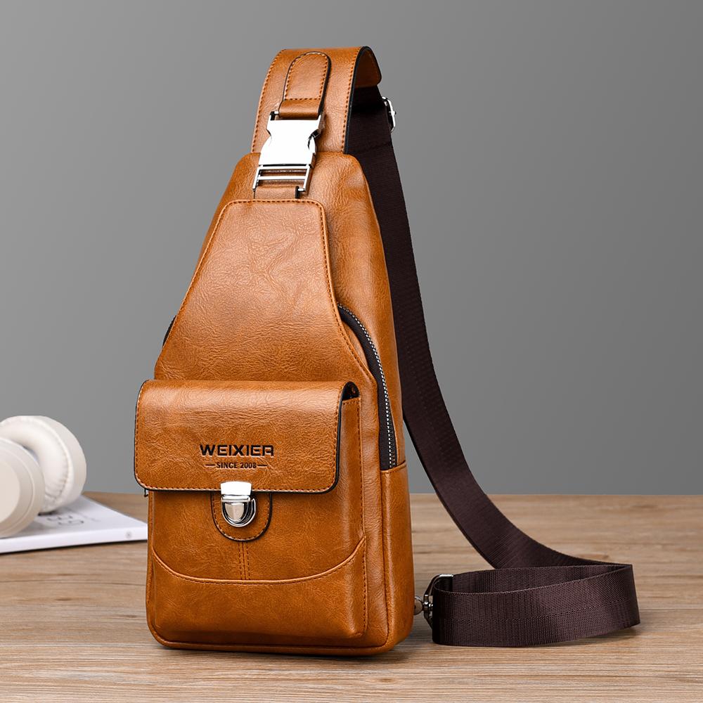 WEIXIER Men's Leather Sling Bag Crossbody Backpack Water-Resistant Shoulder Bag for Travel, Hiking, Daily Commute