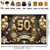 50th Birthday Party Banner  Gold and Black Celebration Background with Balloons  Gifts and Glitter
