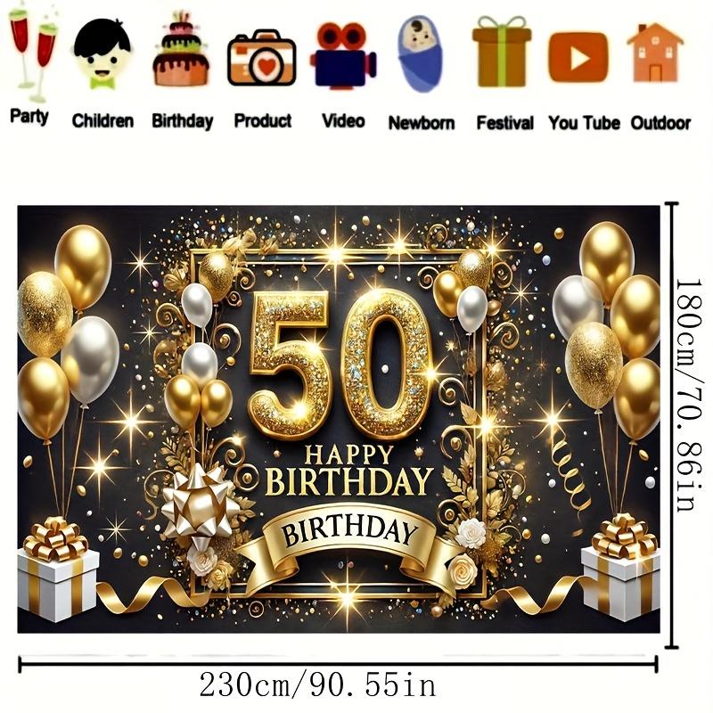 50th Birthday Party Banner Gold and Black Celebration Background with Balloons Gifts and Glitter