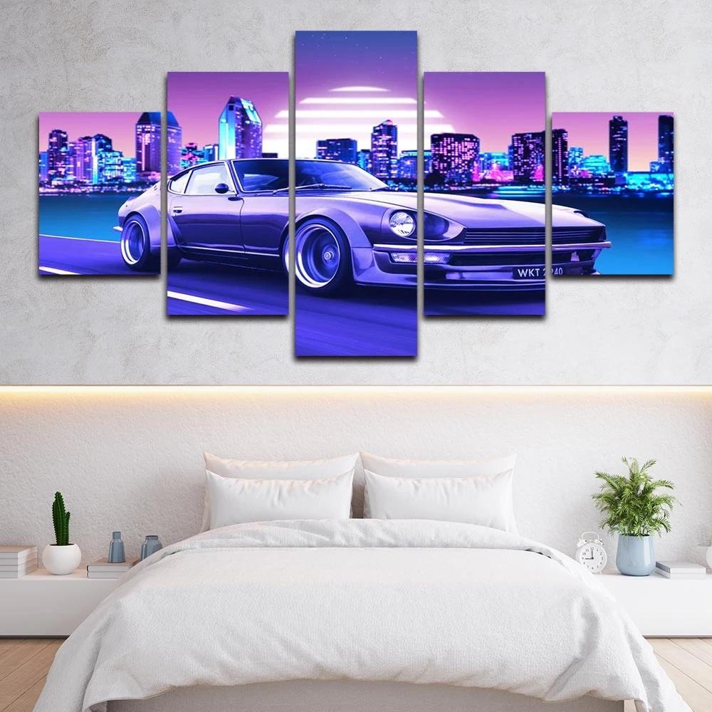 Modular Frame Pictures HD Printed 5 Pcs Car City Buildings Sunset Scenery Poster Canvas Painting Living Room Home Decor Wall Art