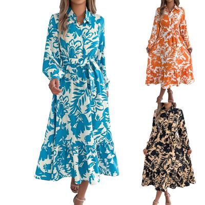 Women's Fashion Floral Print Lapel Long Sleeve Waist Maxi Dress Shirt Dress