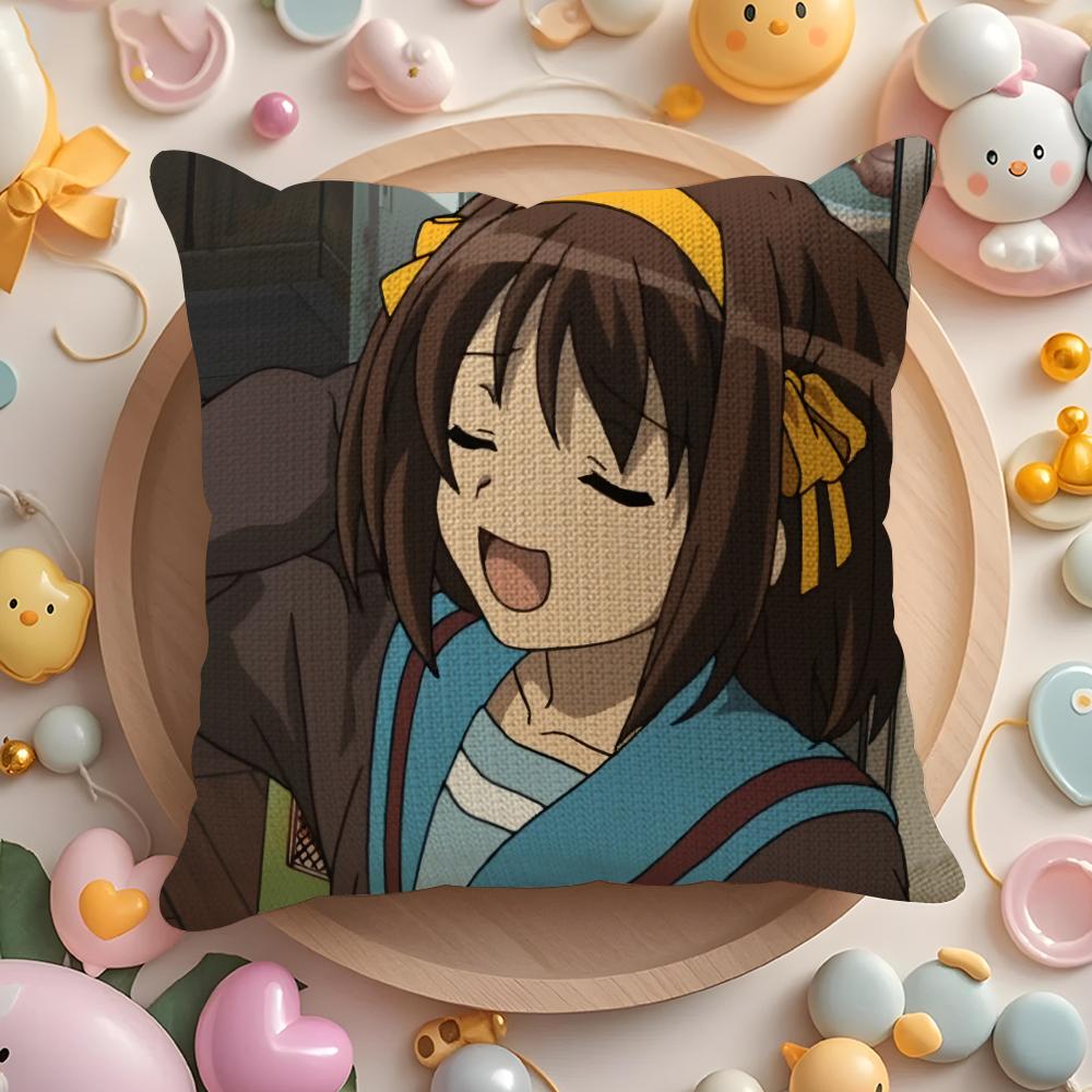 Anime H-Haruhi S-Suzumiya Cushion Cover Natural Linen Organic Fabric Double-Sided Printing Sofa Home Decor Gift Pillow Cover