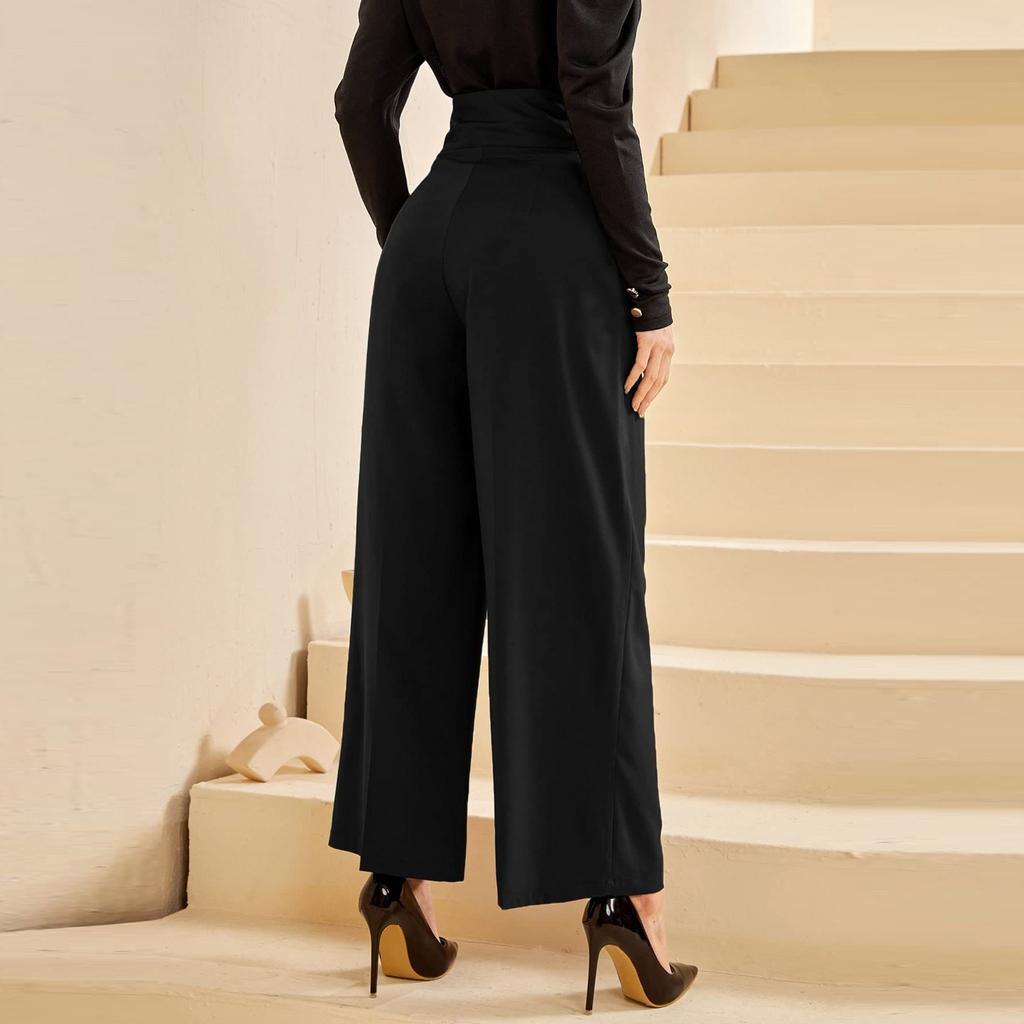 Women  Elastic High Waist Pant Casual Active  Fit Wide Leg Long Pants Trousers With Pockets