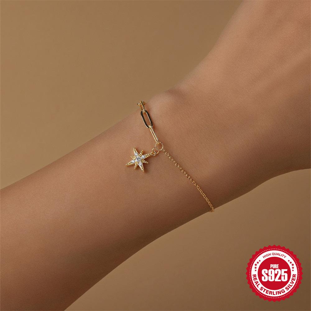 S925 Sterling Silver Paperclip Chain Octagram Diamond Pendant Versatile Fashion Bracelet Splicing Chain Design Bracelet
