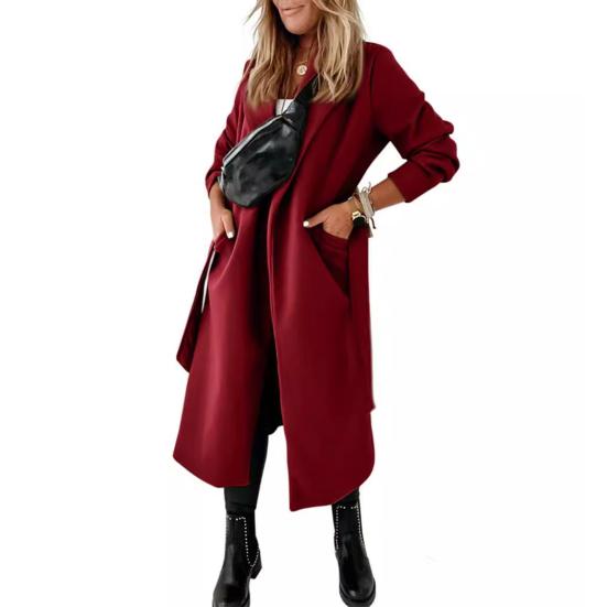 Cappotto invernale da donna in lana con cintura allacciata, ampio, tinta unita, colletto rovesciato, cardigan, maniche lunghe, lunghezza media, giacca da pendolarismo