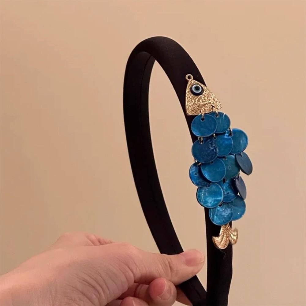 Винтажная повязка на голову с пайетками Минималистичная повязка на голову из искусственных ракушек Стильная повязка на голову с изображением рыбы кои Для повседневного ношения синий