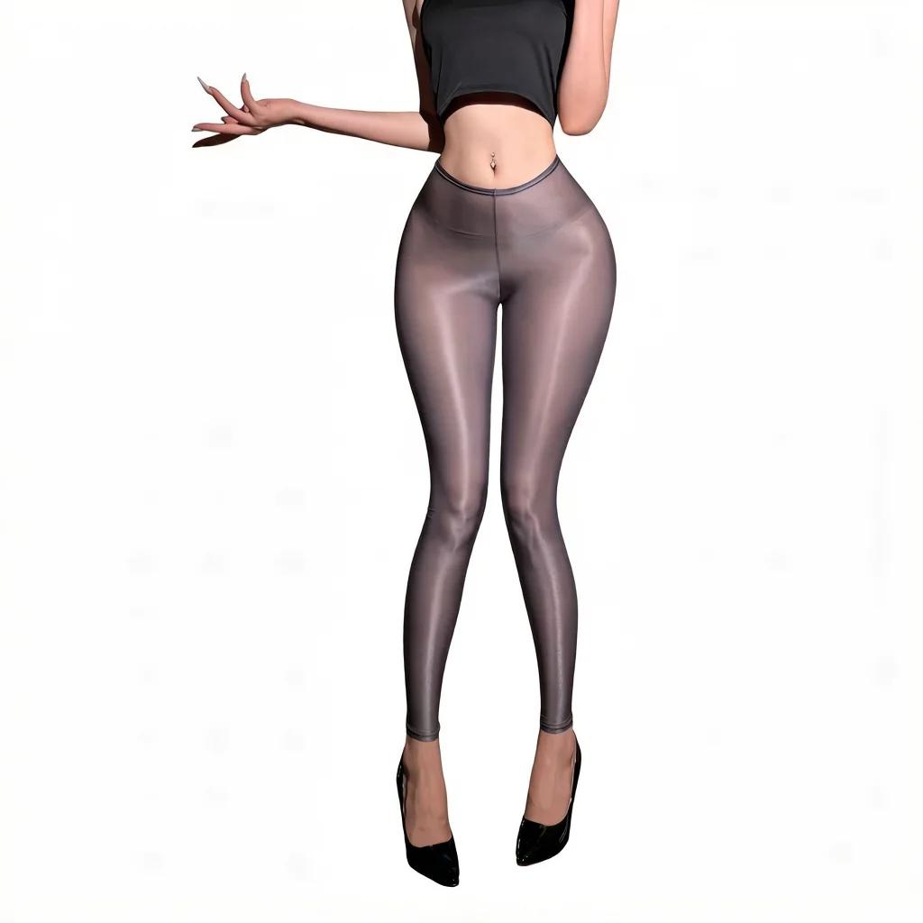 Fashion Women Thin Pants Sheer See Through Oil Shiny Leggings Pencil Pants Elastic Smooth Shaping Slim Ninth Pants Maid Tights