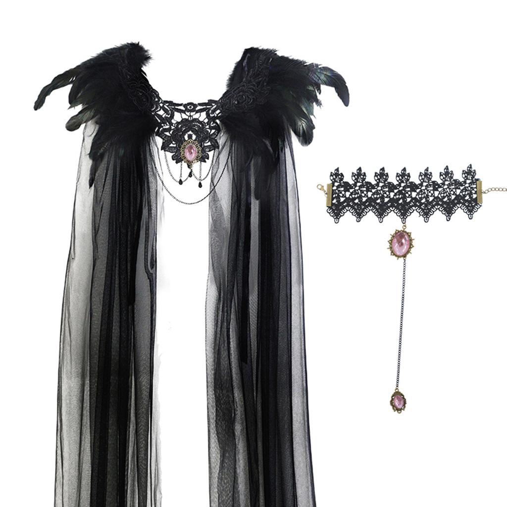 Halloween Cloak Black Feather Mesh Cloak Medium Dress Jewel Bracelet Stage Party Dance