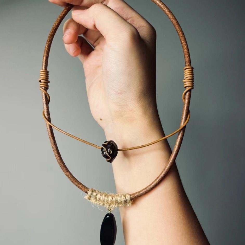 Tibetan-Style Wooden Leather Choker Necklace with Retro Earrings