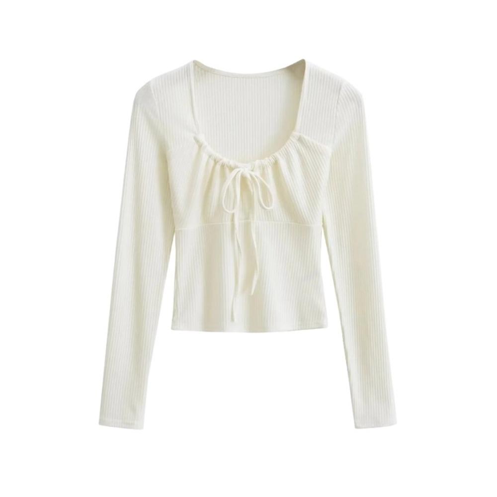 

Однотонная футболка с длинным рукавом, квадратным вырезом и шнуровкой, мягкие милые облегающие топы, женские M белый