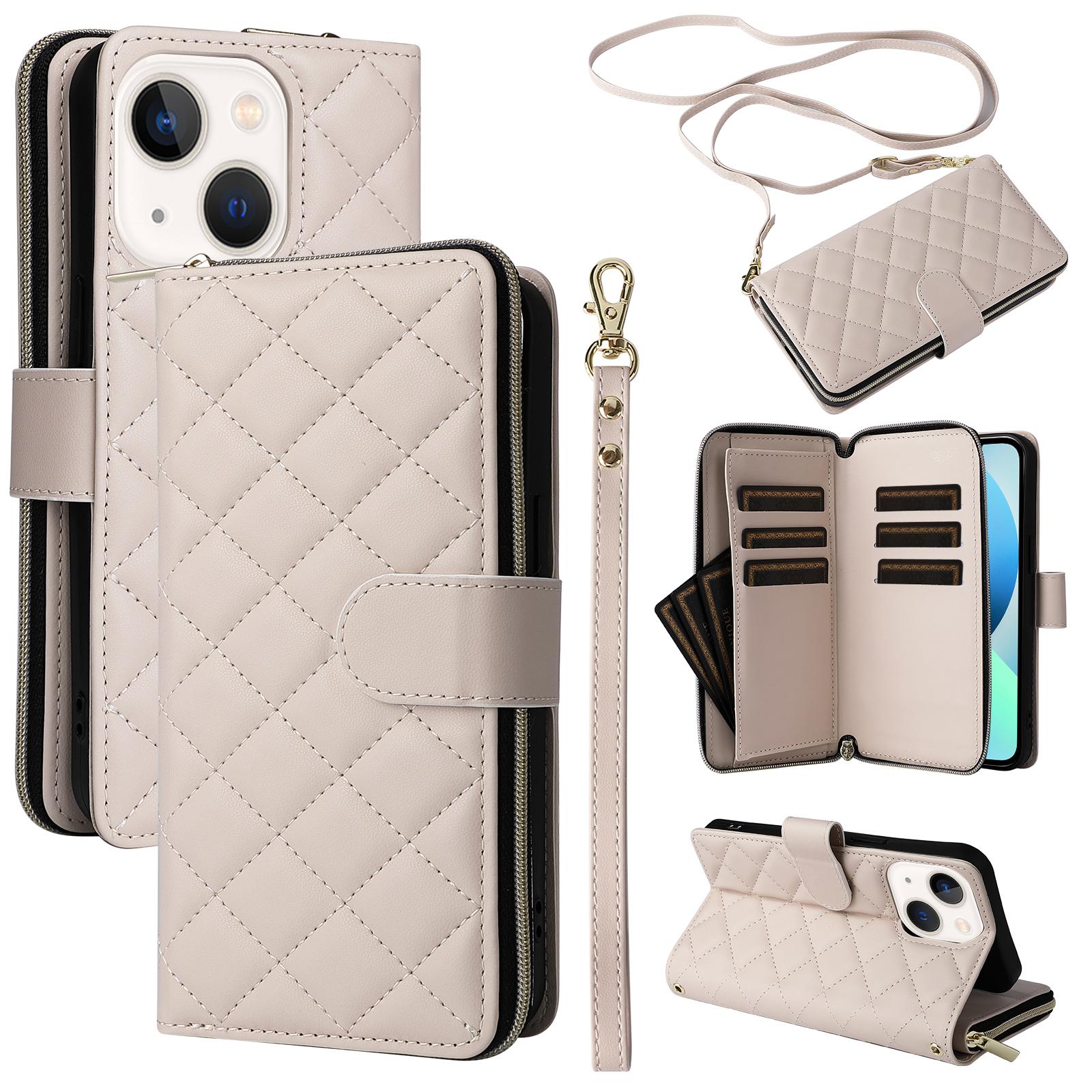 

For iPhone 13 mini Case Leather Zipper Pouch Wallet Crossbody Phone Cover Beige