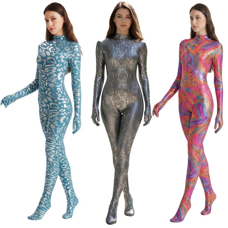 Tuta Integrale Zentai Donna Lucida Metallizzata Leopardata Pelle di Serpente Lycra ad Alta Elasticità Sexy Costume Cosplay Costumi da Bagno Yoga