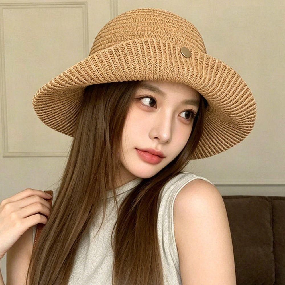 Magnetic Buckle Wide Brim Bucket Hat Thin Straw Female Sunshade Visors Summer Outing