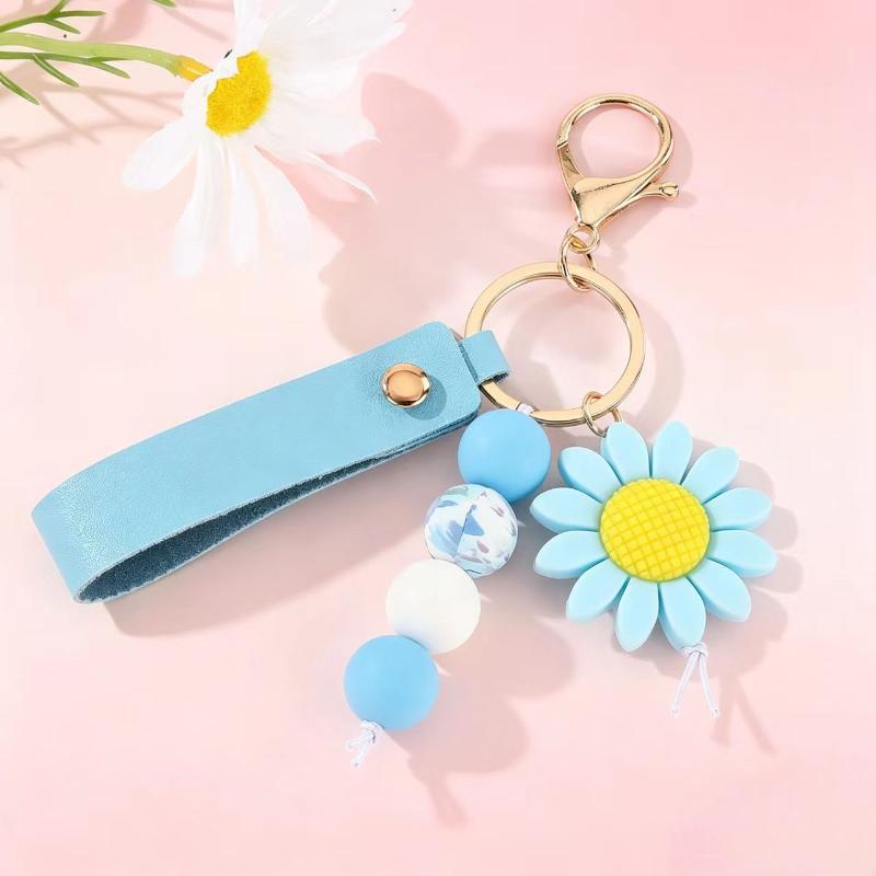 1Pcs Sunflower PU Leather Keychain Personalized Silicone Beads Bag Charm Unique Gift for Mother's Day