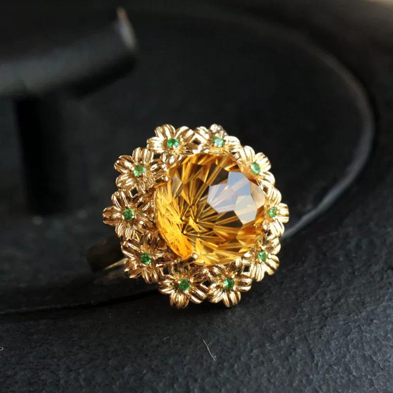 Plated 925 Silver Fireworks Craft Cut Champagne Citrine Nacai 18K Gold Light Luxury Versatile Flower Ring