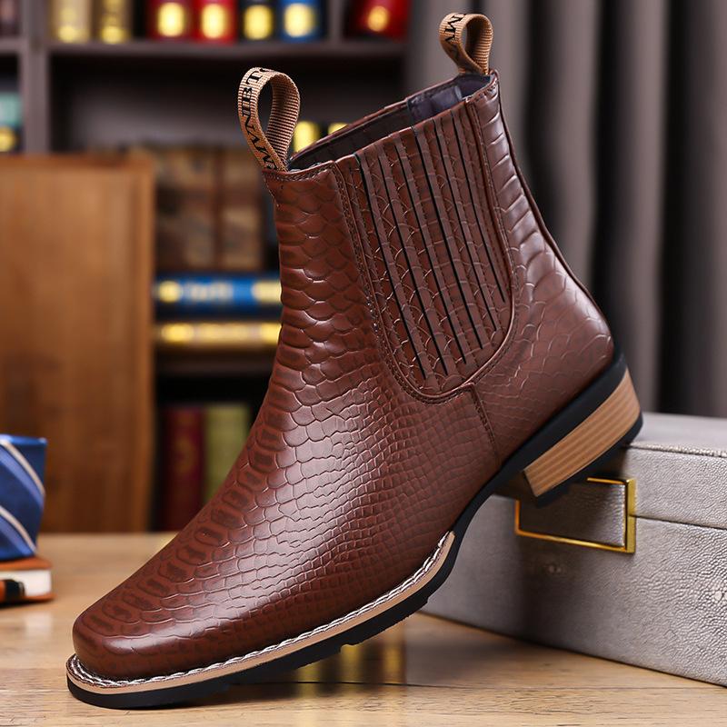 New European and American retro men's large-size crocodile pattern Chelsea short boots