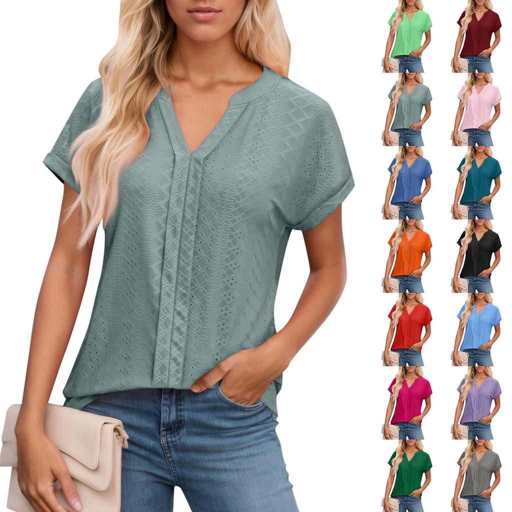 Womens Tops Short Sleeve V T-Shirt Blouse Dressy Causal Eyelet Embroidery Summer Fashion Clothes