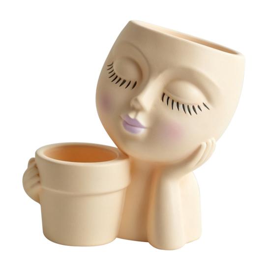 Creative Eyelash Doll Succulents Planter, Cute Sleeping Face Ceramic Pot with Double Holes, Kawaii Desktop Decor for Office Desk, Indoor Small Plant