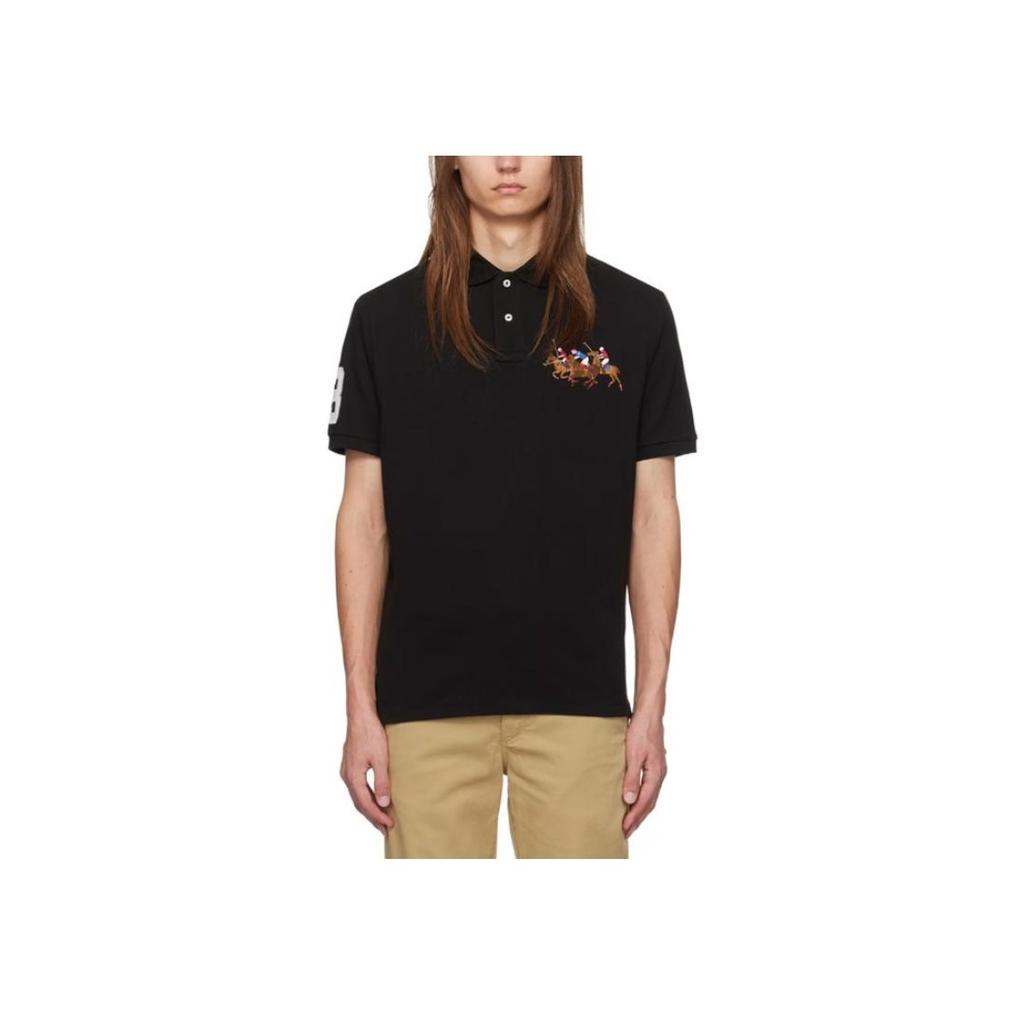 Polo Ralph Lauren Letter Knight Pattern Button Long Sleeve Polo Shirt Men tops Black 710814769-001