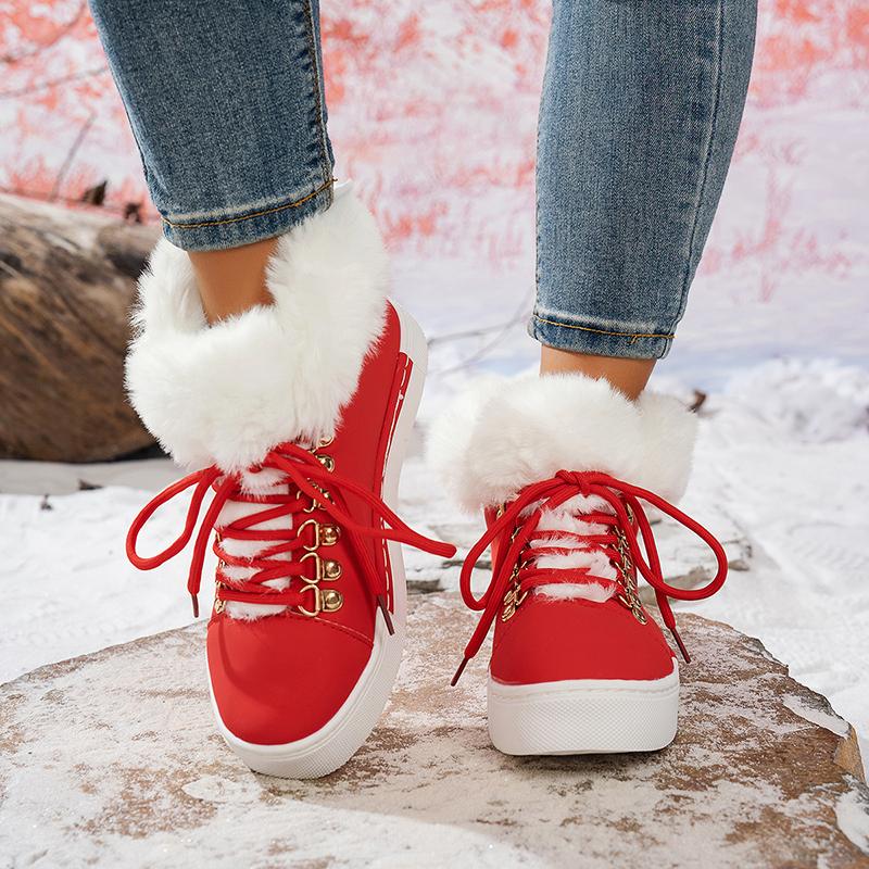 Women's Boots Christmas Fashion Lace Up Fuzzy Detail Lined Ankle Boots Casual Daily Round Toe Flat Boots