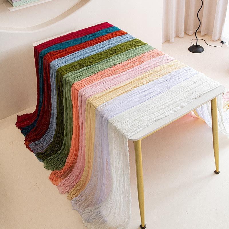 Boho Gauze Table Runner Crinkled Cheesecloth Reusable 14ft Long for Holiday Gathering Rustic Wedding Decor