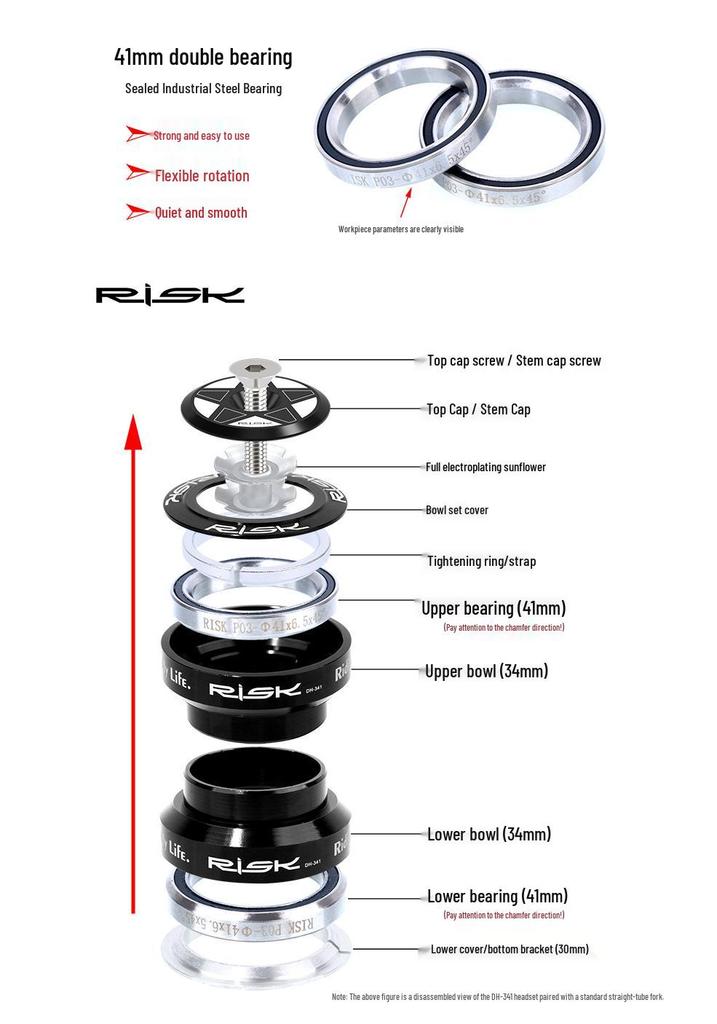 RISK 34mm Straight Tube Headset with Cane Creek Bearings for 28.6mm Fork Road/Fixed Gear Bikes