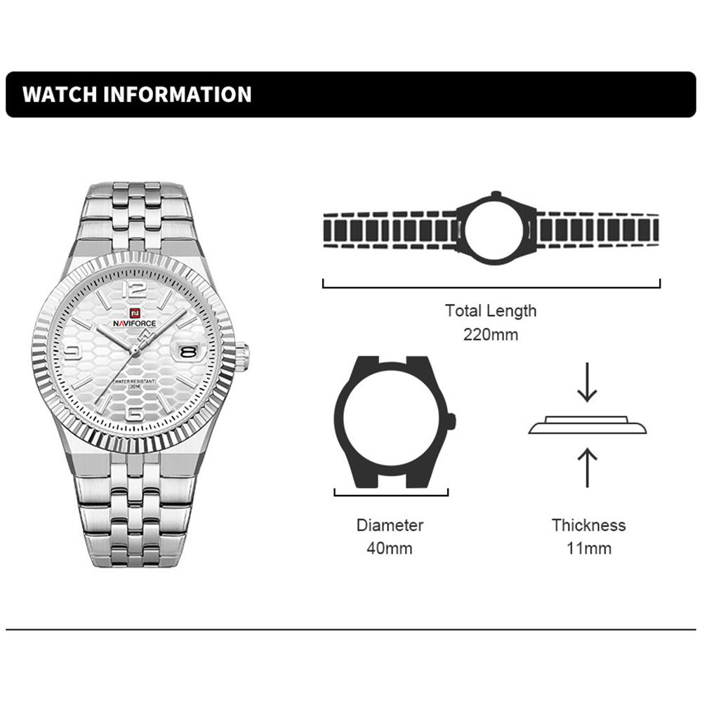 NAVIFORCE Original Men Quartz Watch Calendar Stainless Steel Strap Luminous Hands Honeycomb Dial Design Waterproof 3ATM Men Watch NF9277