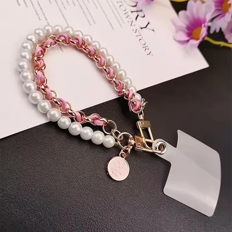 

1Pc DY Leather Pearl Camellia Mobile Phone Charm Bracelet Chain Anti-lost Universal Cell Phone Strap Rope Pendant Metal Key