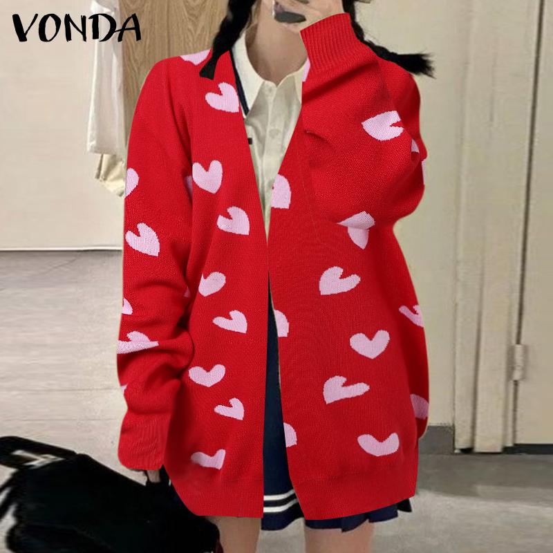 

VONDA Женский кардиган с длинным рукавом, повседневный длинный свитер с принтом сердец 3XL красный