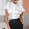 Womens Satin Stand Collar Ruffle Short Sleeve Blouse