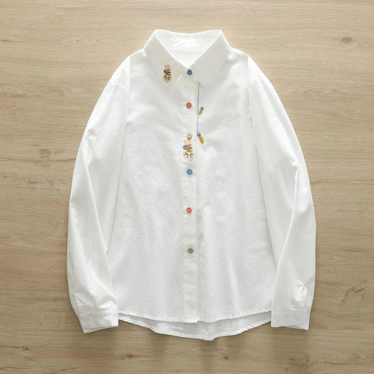 

Мультяшная вышивка кролика морковного цвета с пуговицами из хлопка белого цвета, женская рубашка с длинными рукавами 3XL